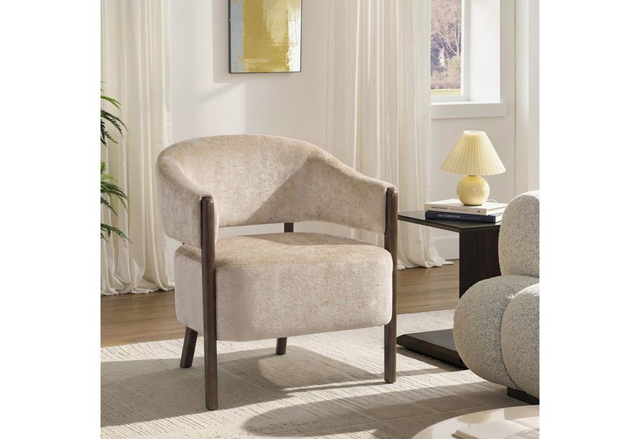 HOMCOM Relaxsessel Loungesessel, Polsterstuhl, für Wohnzimmer, Beige (Schminkstuhl, 1-St., Armlehnstuhl), Eleganter Chenille-Stoff, Massivholzbeine von HOMCOM