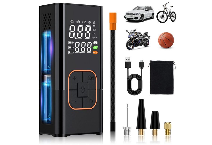 AIBISTAR Fahrradpumpe Akku-Luftpumpe Elektrische Tragbare Luftpumpe,150PSI mit Powerbank LED (Packung, 9-tlg., wiederaufladbare Luftpumpe, Mini Kompressor), 6000 mAh,4 Druckeinheiten (PSI, BAR, KPA, kg/cm),mit SOS Notfallmodus von AIBISTAR