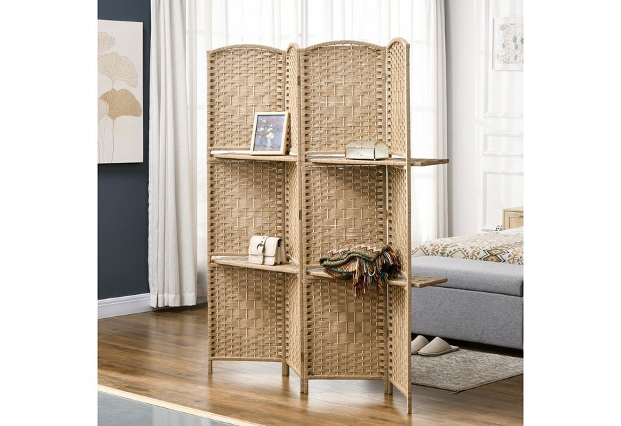 HOMCOM Paravent Raumteiler, 160 x 170 cm, Trennwand, Kiefernholz (Set, 4 St., 4-teilig, mit 2 Regalen), 4-teilig, faltbar, mit 2 Regalböden von HOMCOM