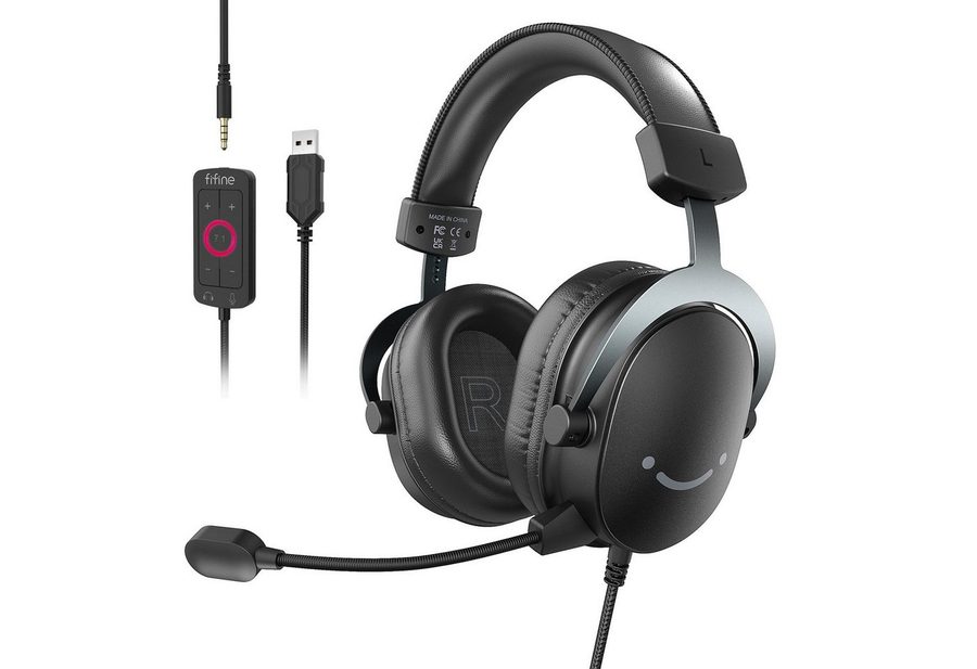 FIFINE Mikrofon Gaming Headset mit Mikrofon, Over Ear Kopfhörer mit Kabel, USB Headset für PC PS4 PS5 Xbox Switch, RGB Headphone von FIFINE