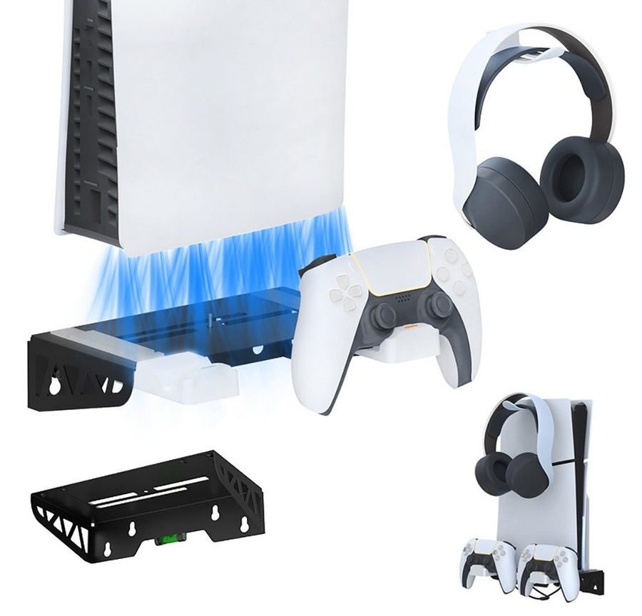 Toomoke Wall Mount Wandhalterung PS5 Slim mit Lüfter mit Controller-Ladegerät Controller-Ladestation (Controller-Ladegerät für PS5, Ladestation PS5 mit Kopfhörerhalterung) von Toomoke
