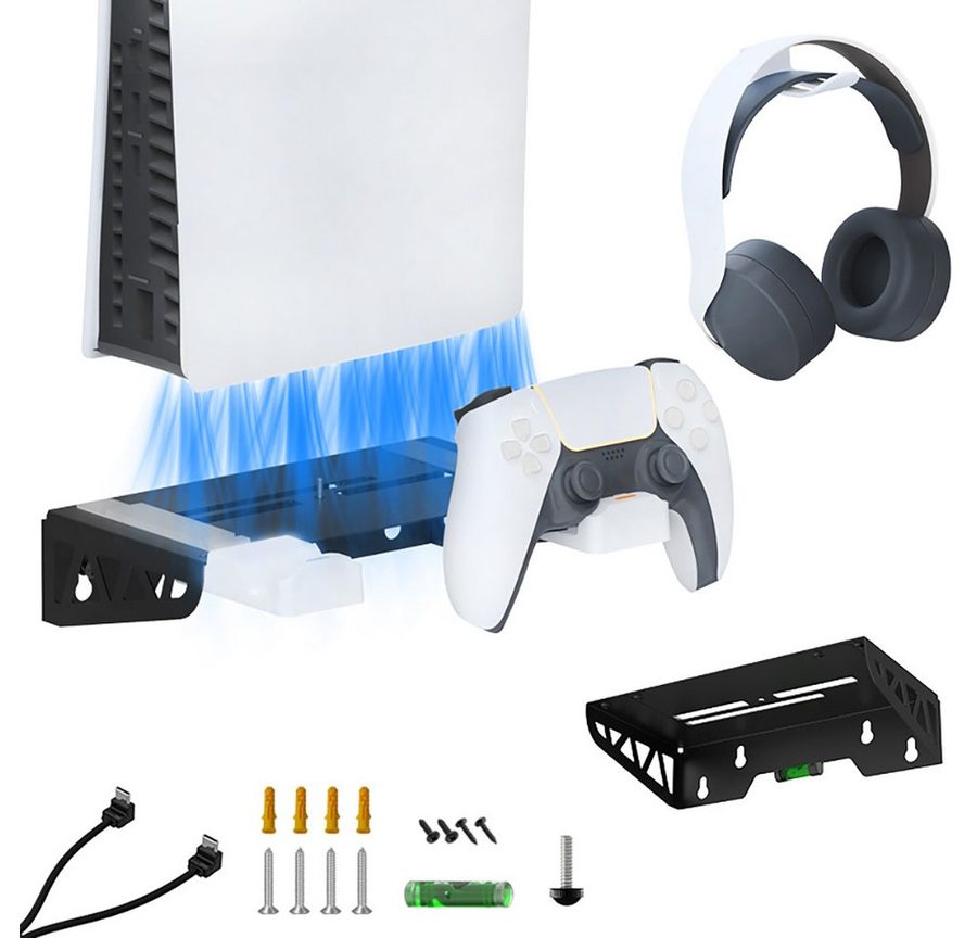 ibettertec Wall Mount Wandhalterung PS5 Slim mit Lüfter mit Controller-Ladegerät Controller-Ladestation (Controller-Ladegerät für PS5, Ladestation PS5 mit Kopfhörerhalterung) von ibettertec