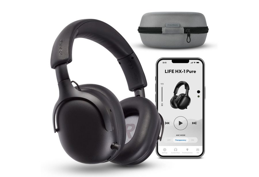 Medion® LIFE HX-1 Pure Over Ear-Kopfhörer (MD43774) Kopfhörer (An/Aus Anzeige, Austauschbare Ohrpolster, AUX-Eingang, Bluetooth, Drahtlos, Drehbare Ohrmuscheln, Integrierte Akku, LED-Beleuchtung, Spritzwasserschutz, USB-Ladefunktion, Bluetooth 5.4, bis zu 100 Stunden Akkulaufzeit, IPX4 Spritzwasserschutz, Bluetooth) von Medion®
