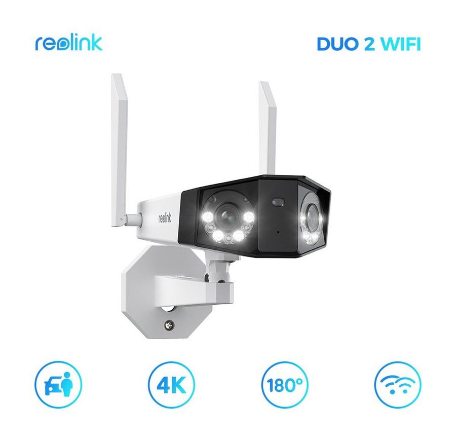 Reolink Überwachungskamera Duo 2 WiFi 8MP 2,4/5 GHz WLAN Spotlight-Nachtsicht (Außen, Set, 1-tlg., Dual-Lens, 180° Ultra-Weitwinkel, Person-/Fahrzeug-/Haustier-Erkennung, Farbnachtsicht, 2-Wege-Audio, IP67) von Reolink