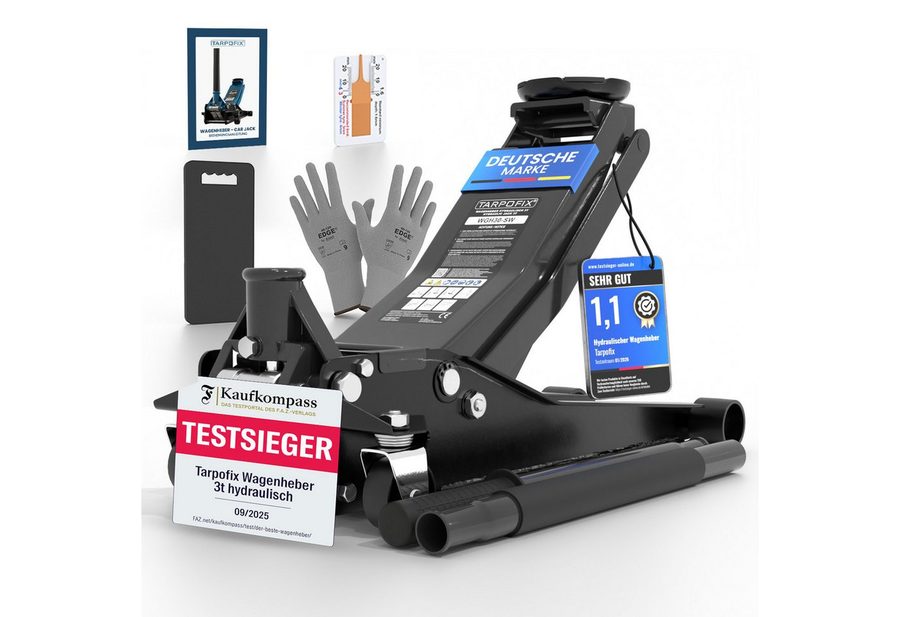 Tarpofix® Wagenheber 3t hydraulisch flach SUV tiefergelegt EN 1494, max. Hubhöhe: 47.5 cm, Rangierwagenheber Doppelzylinder, 5-tlg., inkl. Handschuhe & Kniematte, 3 t Hub 85-475 mm von Tarpofix®