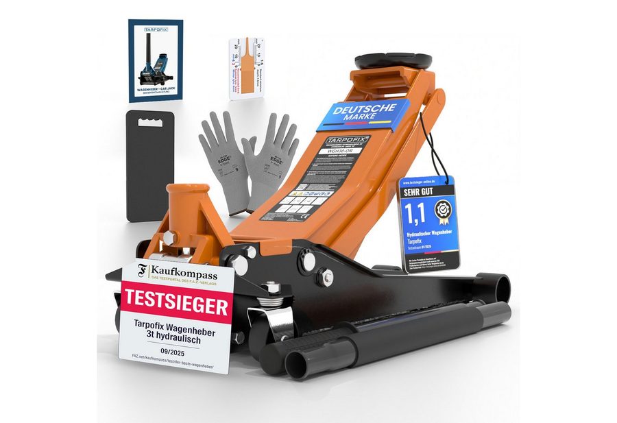 Tarpofix® Wagenheber 3t hydraulisch flach SUV tiefergelegt EN 1494, max. Hubhöhe: 47.5 cm, Rangierwagenheber Doppelzylinder, 5-tlg., inkl. Handschuhe & Kniematte, 3 t Hub 85-475 mm von Tarpofix®