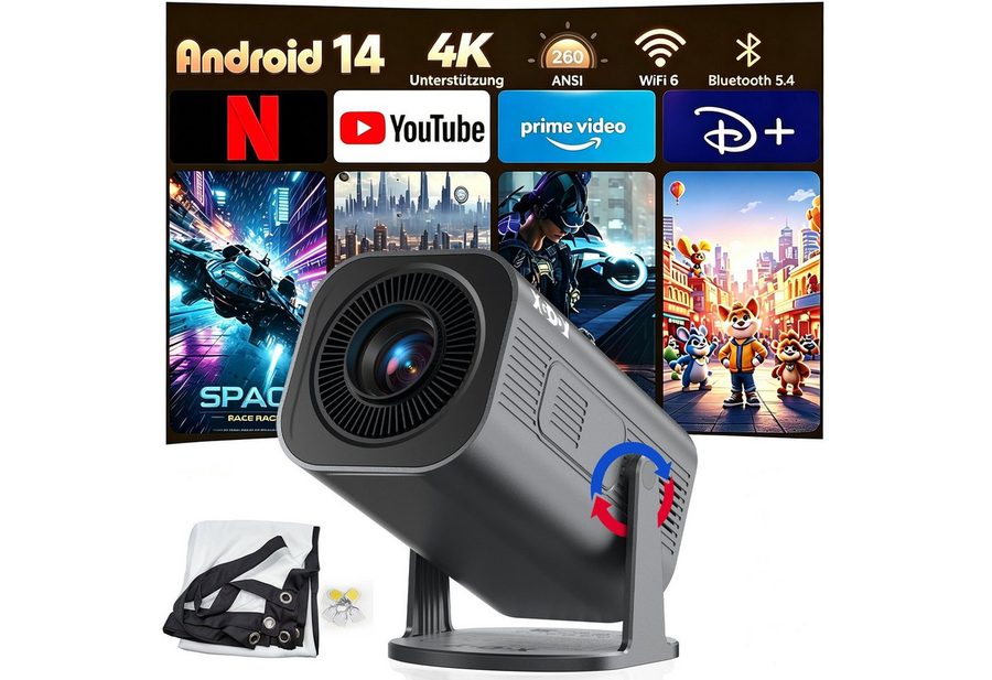 XGODY 2026 Neu Tragbarer Projektor Gimbal 3Pro 4K Android 14 Wifi6 BT 5.4 Mini-Beamer (260 lm, 8000:1, 3840 x 2160 px, Android 14 OS mit App-Store, Youtube, Netflix, Prime Video etc) von XGODY