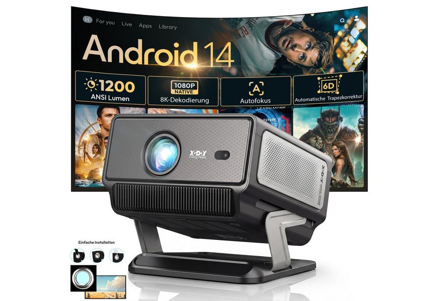 XGODY 2026 Neuer Smart Beamer 4k heimkino mit leinwand, Integrierte APP UHD-Beamer (1200 lm, 2500:1, 3840 x 2160(1200 ANSI) px, Android 14, Full HD 1080P, unterstützt 8K-Decodierung Projektor) von XGODY