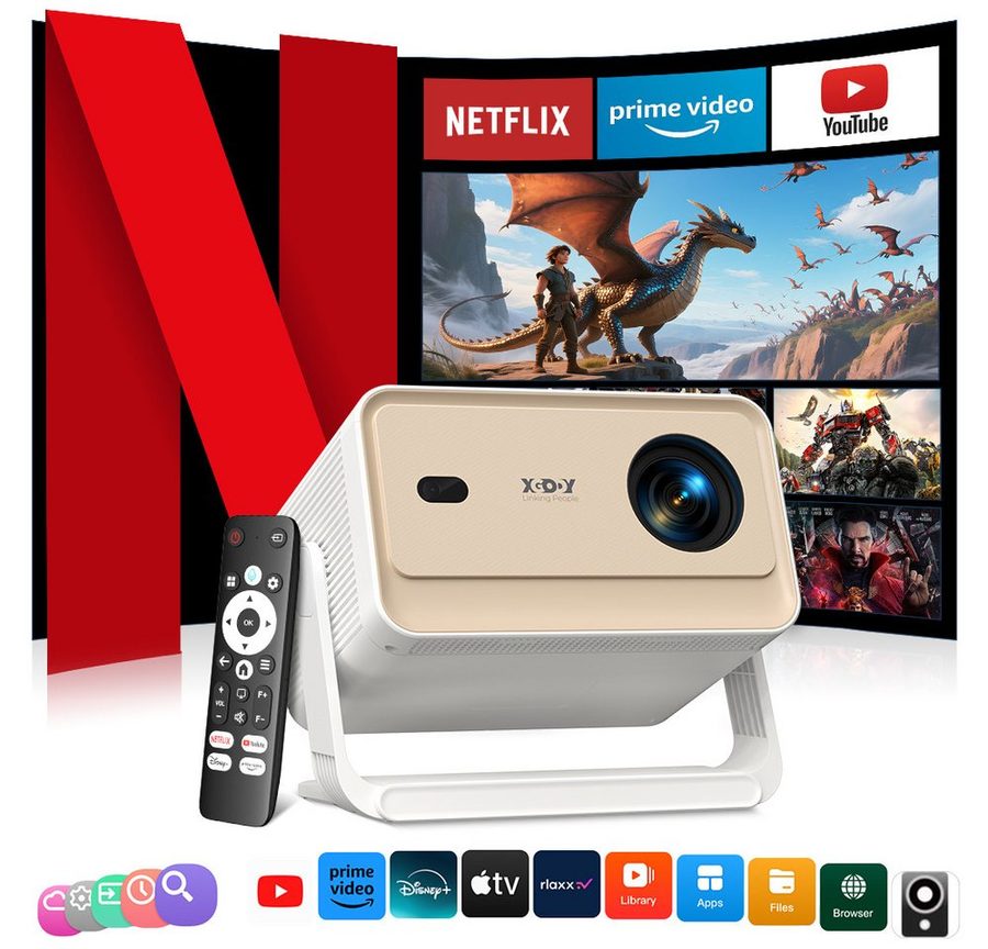 XGODY N6 Pro Smart Beamer 4K Heimkino, Kompatibel mit Netflix Autofokus Mini Beamer (800 lm, 3840 x 2160 px (800 ANSI) px, projektor 4k smart wifi mit Auto Trapezkorrektur, Bluetooth 5.4) von XGODY