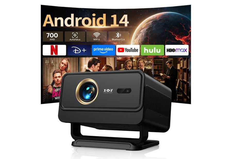 XGODY Smart Beamer Android 14 mit Apps, 1080P Projektor 4K Unterstützt Mini-Beamer (700 lm, 1500:1, 3840 x 2160 px, 700 ANSI Lumen, Beamer 4K Heimkino mit Autofokus, WiFi6, BT5.4) von XGODY