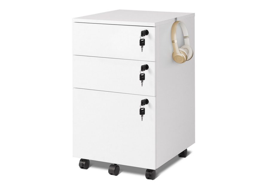 DEVAISE Rollcontainer Mobiler Aktenschrank mit 3 Schubladen, (Druckertisch für DIN A4/Legal/Letter), 3 Schlüssel, Schreibtisch Unterschrank für Büro und Home Office von DEVAISE