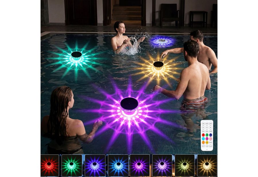 oyajia Pool-Lampe Schwimmende Poolbeleuchtung, RGB Solar Poollicht mit Fernbedienung, 4er Set, LED fest integriert, RGB, IP68 Wasserdicht Unterwasser Licht für Pool, Whirlpool, Teich, Garten von oyajia