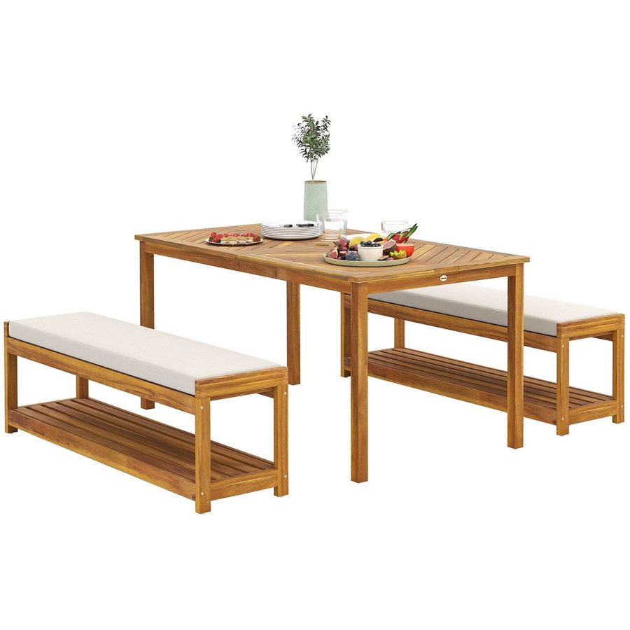 Outsunny Sitzgruppe Balkonmöbel-Set, Gartengarnitur, Esstisch mit Schirmloch, 2 Bänke, (Sitzgarnitur aus Akazienholz, 3-tlg., 3 tlg. Gartenmöbel-Set), für Balkon, Terrasse, Teak von Outsunny