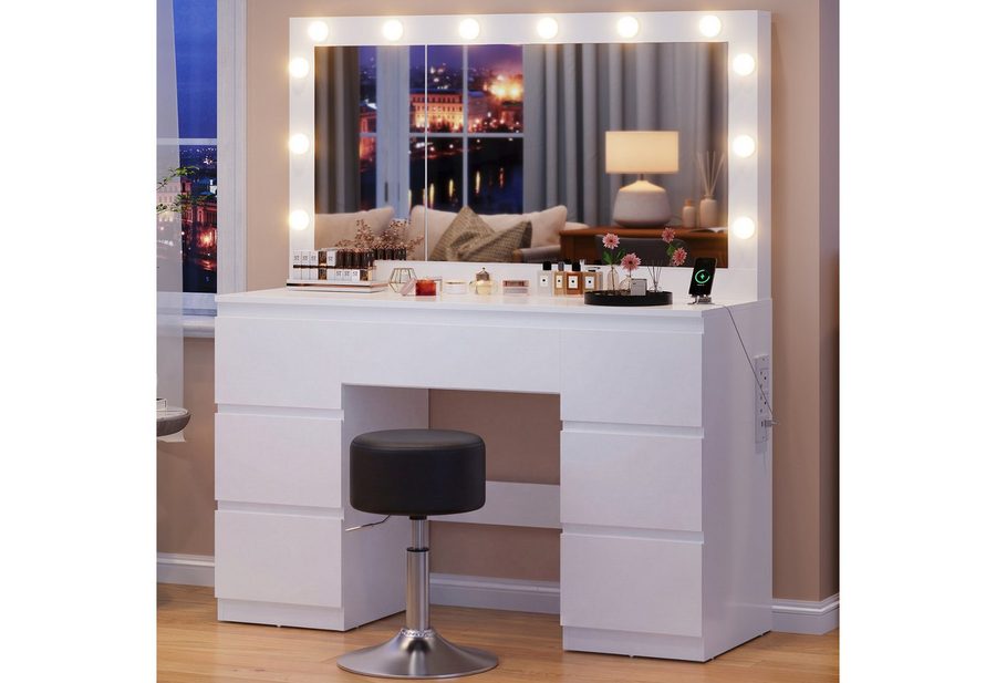 HOMALL Schminktisch mit großem Spiegel, 120 cm, 7 Schubladen, Schmuckschrank (XXL-Spiegel 106×51 cm (30×51 aufklappbar m. Schmuckschrank) · 120 cm · 7 Schubladen · LED-Birne · 2 Steckdosen+USB/Type-C · E1-MDF · 2 Farben · Hocker opt) von HOMALL