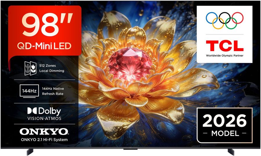 TCL 98T8D Mini-LED-Fernseher (248 cm/98 Zoll, 4K Ultra HD, Smart-TV, Google TV, QD-Mini LED, AiPQ Pro Prozessor, 144Hz, Dolby Atmos, Apple AirPlay 2) von TCL