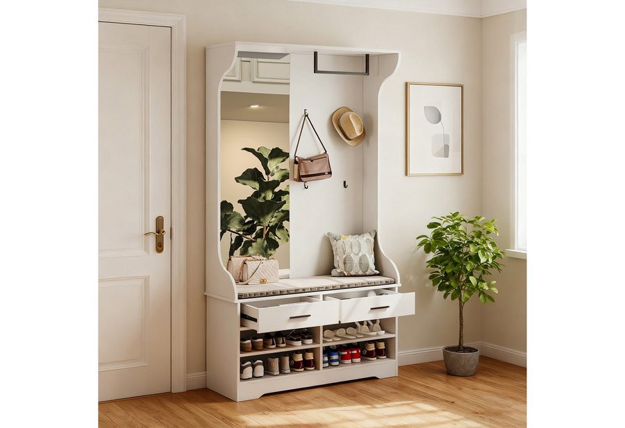 BELUPAI Garderobenständer Weiß Garderobe Set 180cm, (Set, 1 St., Garderobe mit Spiegel, Schuhschrank, 2 Schublade und Kleiderstange), für Wohnzimmer, Schlafzimmer, Flur, 104 x 35 x 180cm von BELUPAI