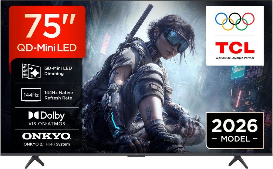 TCL 75T8D Mini-LED-Fernseher (189 cm/75 Zoll, 4K Ultra HD, Smart-TV, Google TV, QD-Mini LED, AiPQ Pro Prozessor, 144Hz, ONKYO 2.1, Apple AirPlay 2) von TCL