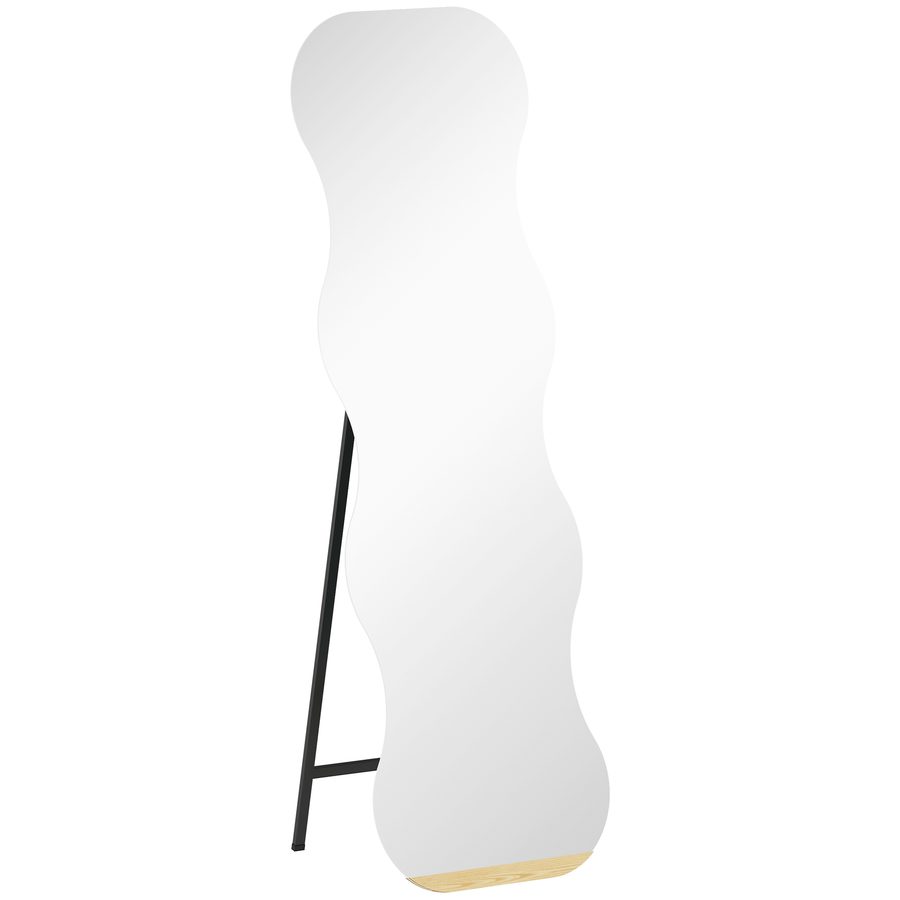 HOMCOM Ganzkörperspiegel 160 x 50 cm unregelmäßig gewellter rahmenloser Standspiegel mit Holzsockel, Wandspiegel zum Anlehnen, Stehen, Spiegel für Wohnzimmer, Schlafzimmer, Flur, Schwarz   Aosom von HOMCOM