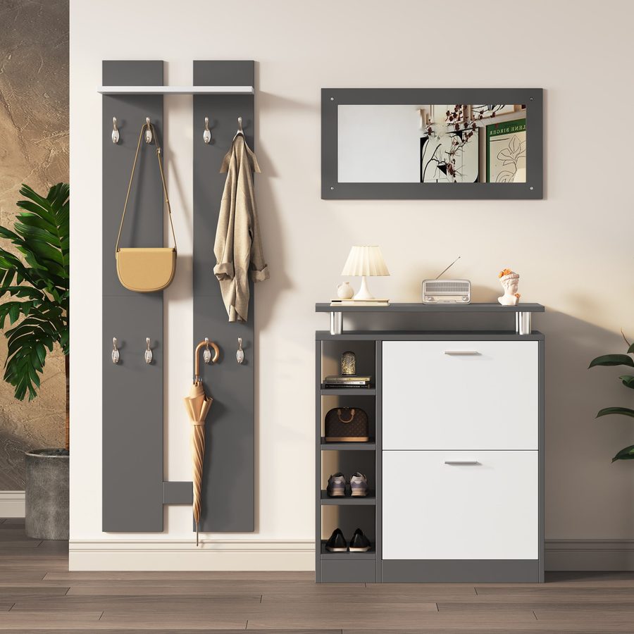 Garderoben Set Wandgarderobe mit Spiegel und Regal, 80x25x96.5 cm, für kleine Räume, Weiß+Grau   Aosom.de von PD1