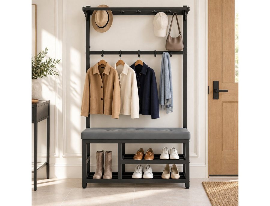 Fyrove Garderobenständer Kleiderständer, Garderobe mit Kleiderstange, Flurgarderobe, (Garderobe für den Flur, garderobe flur(Schuhregal, Garderobe),90×33×170cm), mit Sitzbank, Schuhregal, Ablage & 9 Kleiderhaken von Fyrove