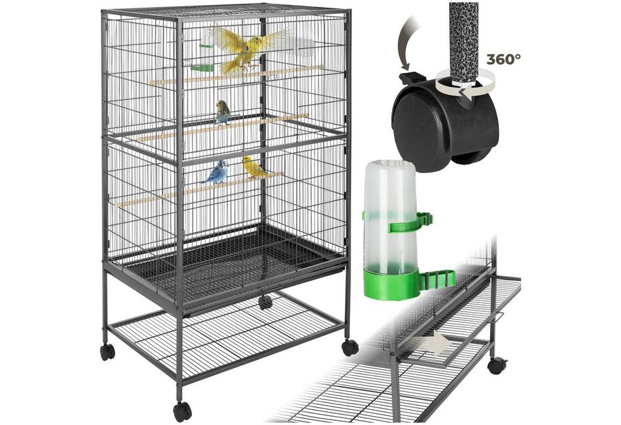 tectake Vogelkäfig Vogelhaus mit feststellbaren Rollen, 3 Sitzstangen, 78 x 52 x 131 cm, 2 Schiebeöffnungen, Inkl. Schublade, Futterstelle und Wasserspender von TECTAKE
