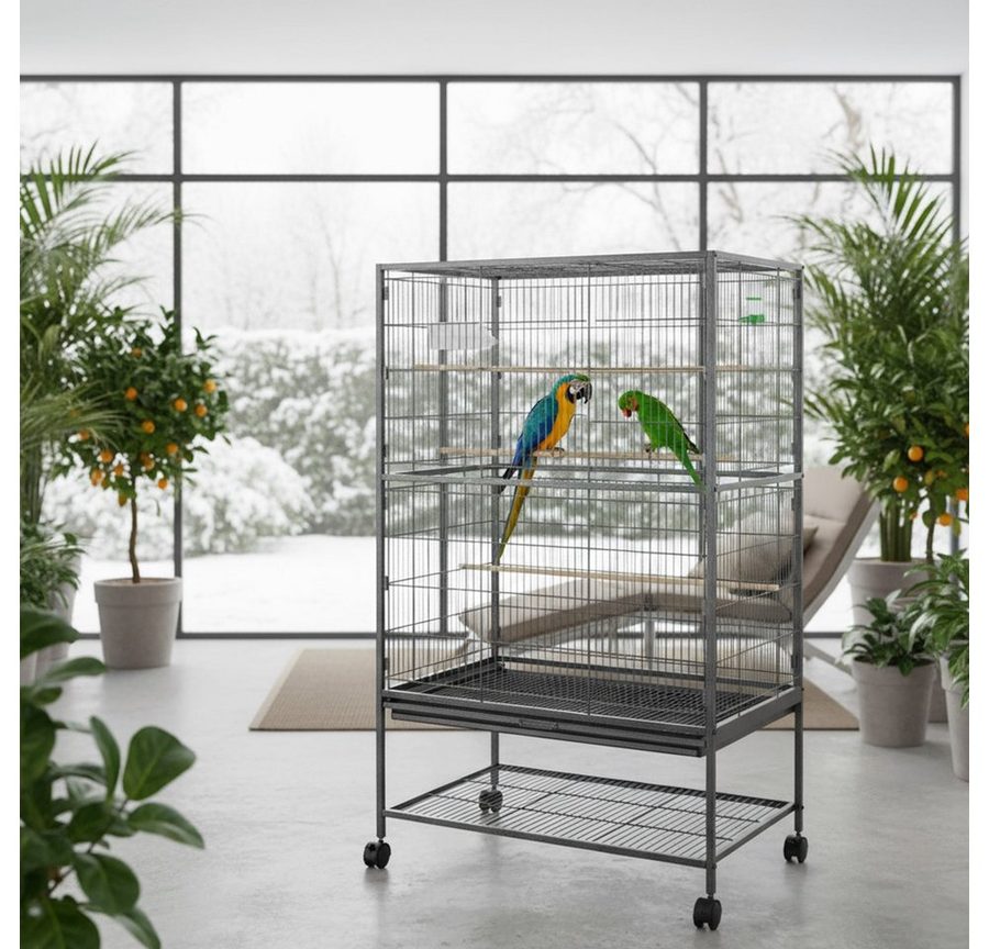 Feel2Home Voliere Vogelvoliere Metall auf Rollen mit Schublade 78x52x131 cm Grau, mit Sitzstangen, Futternapf, Vogeltränke und Schmutzwanneneinsatz von Feel2Home