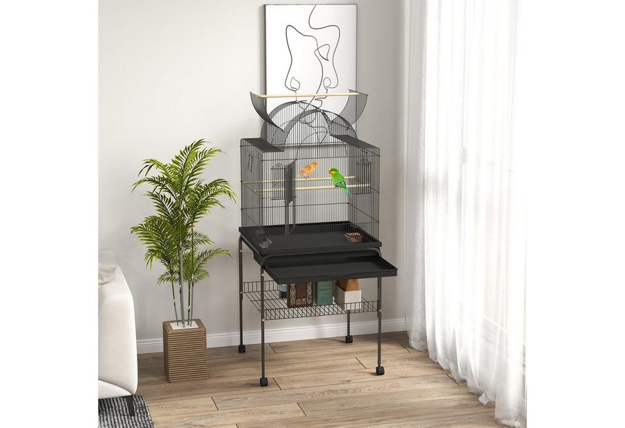 PawHut Vogelkäfig Vogelvoliere mit abschließbaren Türen, Sitzstangen, Voliere, für Kanarienvögel, Stahl 63 x 53 x 144 cm Schwarz von PawHut