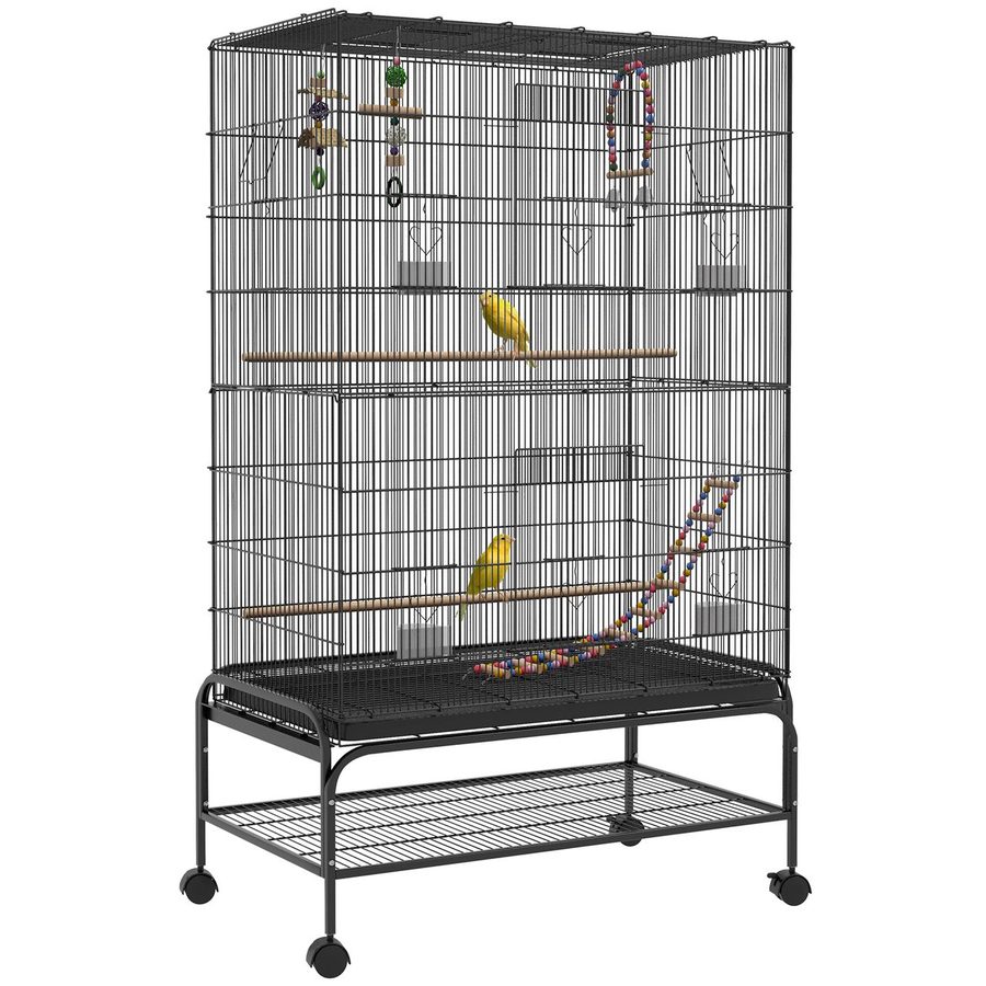 PawHut Vogelkäfig Vogelvoliere mit Sitzstangen Vogelbauer mit Ablage, Rollen, Herausnehmbarer Bodenwanne, Voliere mit Türen, Schwarz   Aosom von PawHut