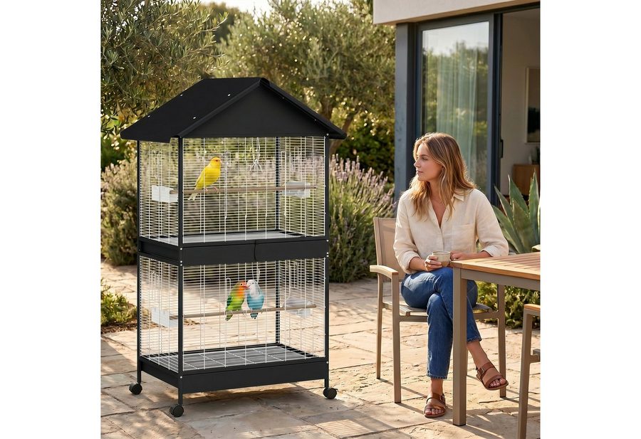 PawHut Vogelkäfig XXL Vogelvoliere mit Abnehmbar Trennwand 2 Türen 2 Holzstangen Rollen, für Wellensittiche Nymphensittiche Kanarien 94 x 70 x 158cm von PawHut