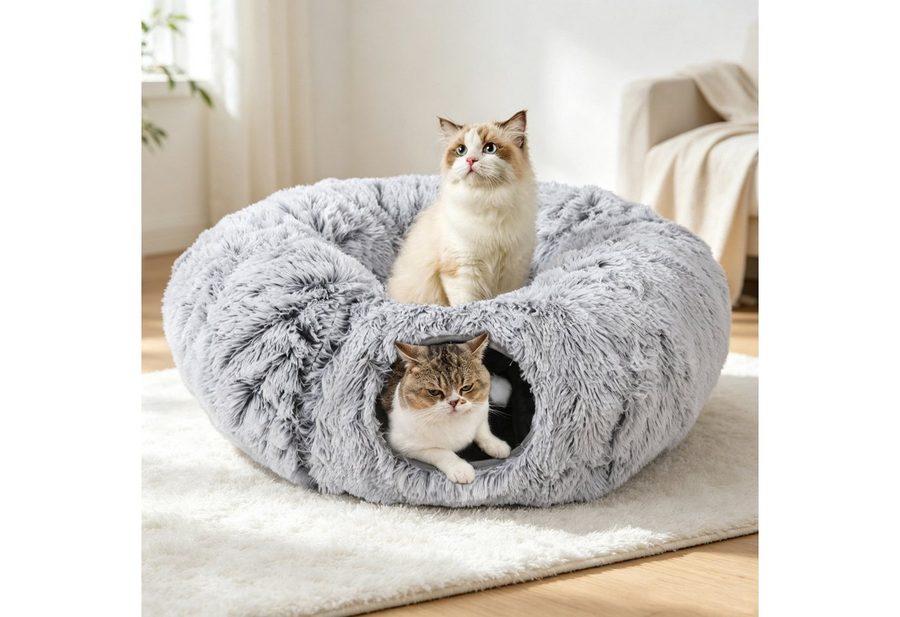 Rywell Kleintiertunnel 2-in-1 katzentunnel spieltunnel, Kühlmatte mit HäNgenden Ball Guckloch, katzentunnel donut für Indoor-Spiel & Ruhe,3 Formen verstellbar von Rywell