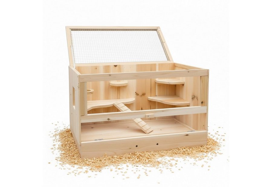 Mucola Kleintierkäfig Nagerkäfig mit 2 Ebenen für Hamster & Kaninchen Gitterkäfig Naturholz, Plexiglas-Front, 2 Ebenen und integriertes Häuschen von Mucola