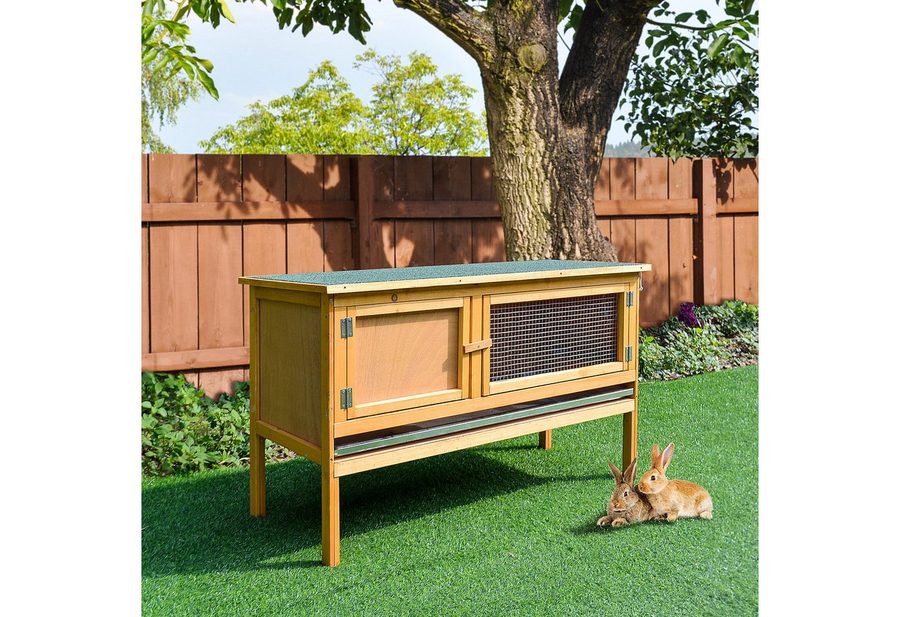 PawHut Kleintierstall Hasenstall Kaninchenstall mit aufklappbarem Dach, 2 Türen, für Kaninchen, Hühner, Enten Outdoor Hellgelb von PawHut