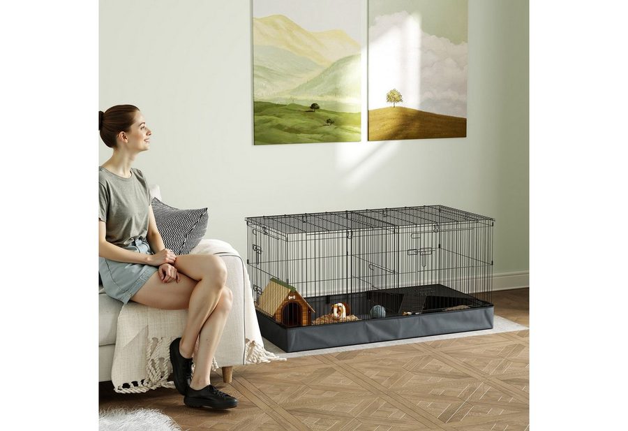 PawHut Kleintierkäfig mit Rampe, Trennwand, Nagerkäfig mit abnehmbarem Verdeck, Kaninchenkäfig für Kleintiere Stahl Schwarz von PawHut