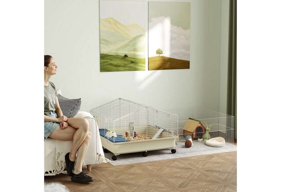 PawHut Kleintierkäfig Kaninchenkäfig mit Wasserflasche, Heuraufe, Futternapf, Rampe, 173 x 88 x 63 cm, Mehrfarbig von PawHut