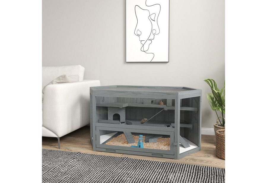 PawHut Kleintierkäfig Hamsterkäfig aus Holz 3 Etagen Nagarium, mit klappbarem Deckel, Sichtfenster, Rampe, 115 x 60 x 55 cm Grau von PawHut