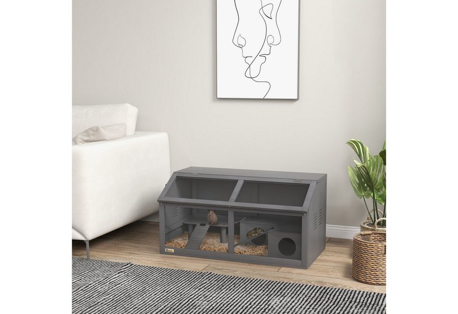 PawHut Hamsterkäfig, Kleintierkäfig aus Holz mit Hängebrücke, Leitern, Hütte Obertür von PawHut