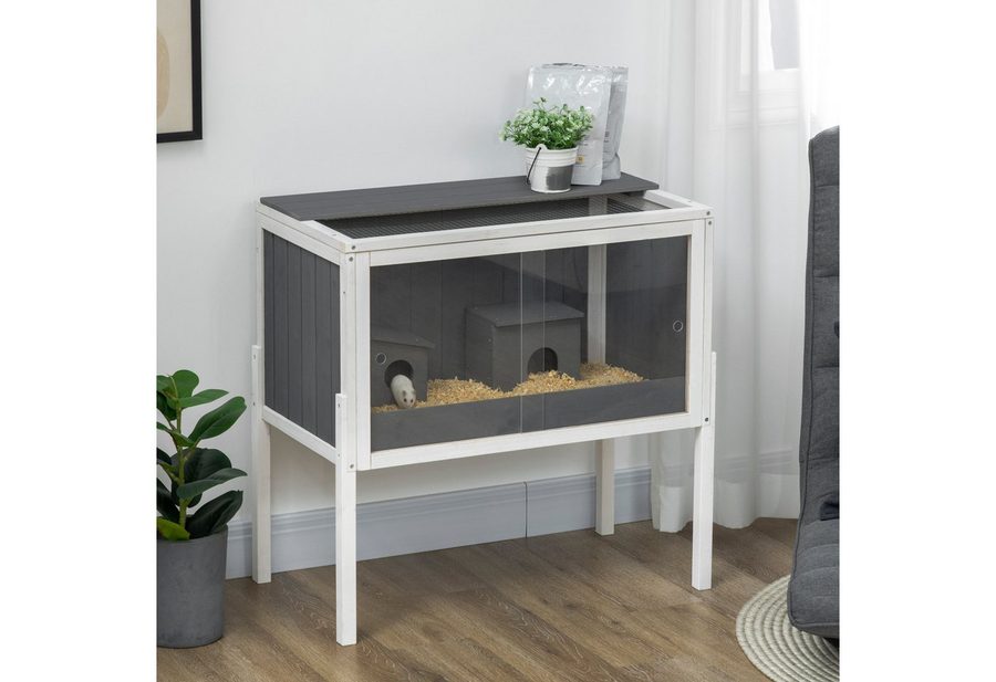 PawHut Kleintierkäfig Hamsterkäfig, Nagerkäfig mit 2 Hütten und Ablage, Schiebetür, groß Mäusekäfig Käfig 82 x 45 x 81 cm Grau von PawHut