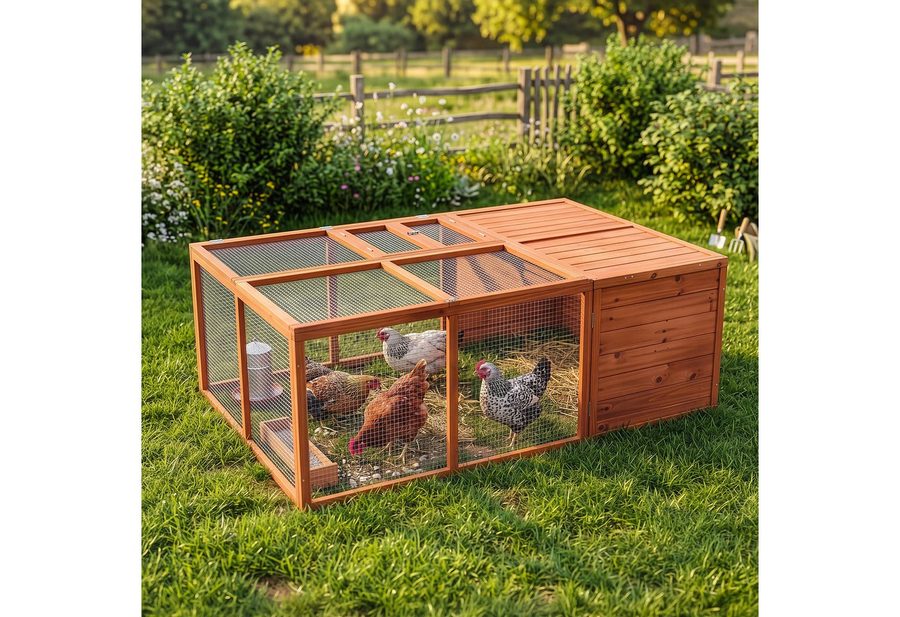 LALAHO Kleintierstall Kaninchenstall Hühnerstall mit Dachöffnung, 150x103x53cm, faltbares Dach, Kaninchen- & Meerschweinchenstall von LALAHO