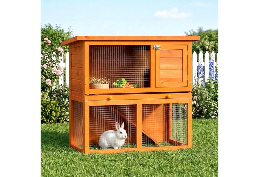 PawHut Zwergkaninchenstall doppelstöckig, mit Rampe Kleintierstall Outdoor Holz Gelb 90 x 45 x 80 cm von PawHut