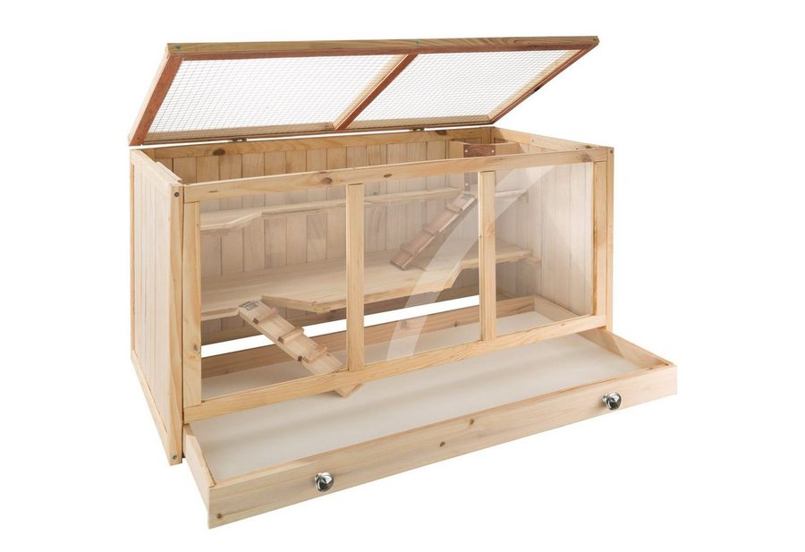 tectake Kleintierkäfig Nagerkäfig, 95 x 50 x 50 cm, aus Holz, aufklappbares Dachgitter, 3 Etagen & 2 Rampen, große Plexiglasscheiben, eingebautes Schubfach von TECTAKE