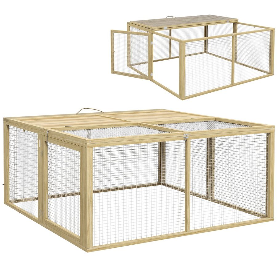 PawHut Kaninchenstall aus Holz, Klappbar Kleintierstall mit Freilaufgehege Natur von PawHut