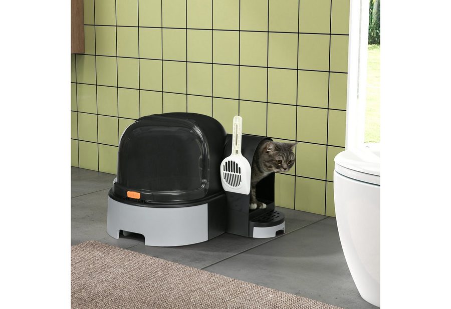 PawHut Katzentoilette Katzenhaus, Katzenklo inklusive Schaufel, Haube, Grau von PawHut