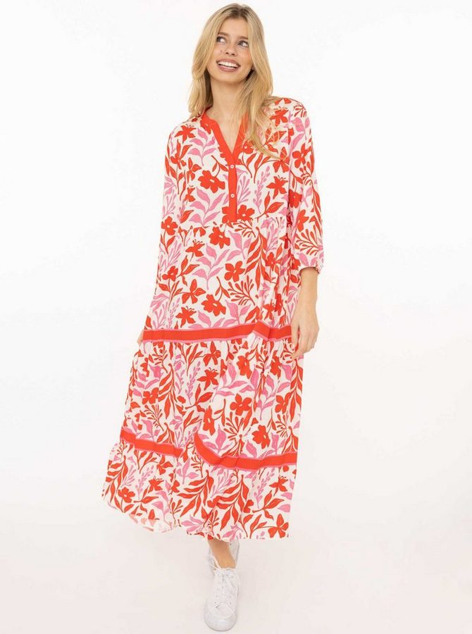 Zwillingsherz Maxikleid "Flower" Florales Muster, Schriftzug, 3/4 Arm, Knopfleiste von zwillingsherz