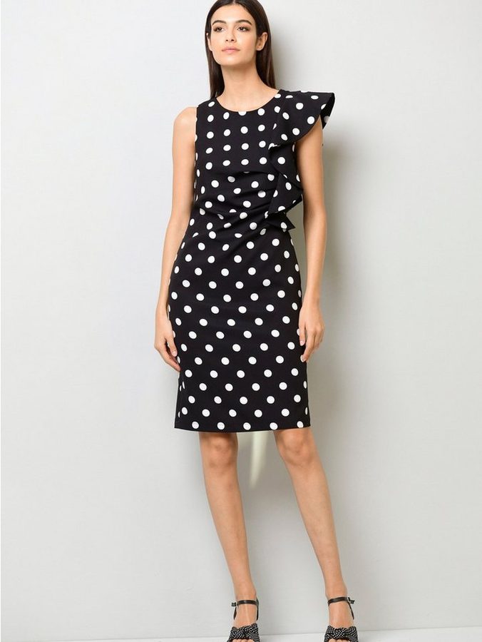 Alba Moda Etuikleid Gepunktetes Volantkleid in Midi-Länge Gepunktetes Design mit rundem Ausschnitt und ohne Verschluss von alba moda