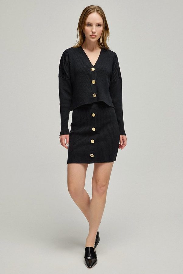 Silk and Cashmere Midirock Schwarzer, gerippter Minirock „Stella“ aus reiner Wolle für Damen von Silk and Cashmere