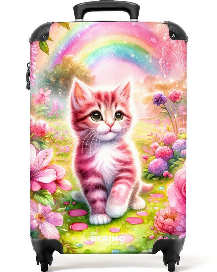 NoBoringSuitcases.com© Kinderkoffer Kätzchen mit Regenbogen und Blumen 55x35x20cm, Handgepäck-Koffer, Kinderkoffer, Reisekoffer Mädchen von NoBoringSuitcases.com©