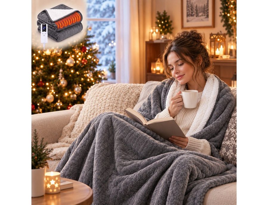 Ledklang Heizdecke Elektrische 180x130cm,Schwarz/Grau,Überhitzungsschutz,Waschbare, 6 Heizstufen, Timer & waschbar bei 30 °C, für Sofa Bett Couch Weiche Flanell-Heizdecke Wohnzimmer Schlafzimmer von Ledklang