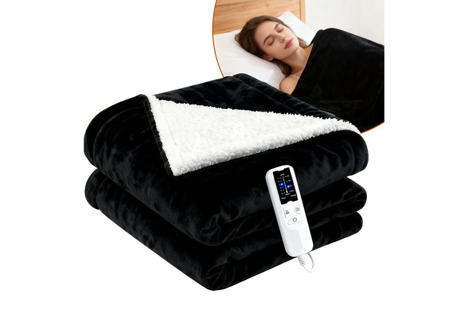 Nettlife Heizdecke Elektrisch Schwarz/Grau Überhitzungsschutz Waschbar Wärmedecke, für das Bett das Sofa und beim Camping( 200x180 cm/180x130cm) , 6-Stufen Heizung & Zeitschaltuhr Einfache Reinigung (30°C) von Nettlife
