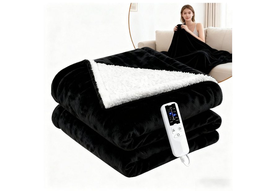 Nettlife Heizdecke Elektrisch Schwarz/Grau Überhitzungsschutz Waschbar Wärmedecke, für das Bett das Sofa und beim Camping( 200x180 cm/180x130cm) , 6-Stufen Heizung & Zeitschaltuhr Einfache Reinigung (30°C) von Nettlife