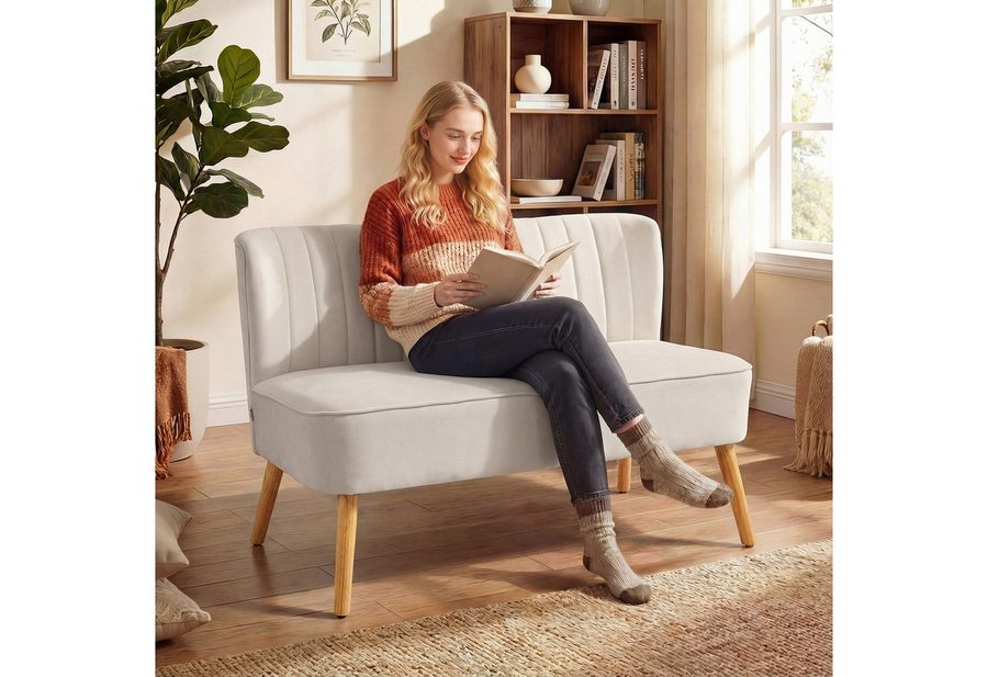 HOMCOM 2-Sitzer Sofa, Kleine Loveseat mit Samt-Optik, für Schlafzimmer, Doppelsofa 1 Teile, für Wohnzimmer, Schlafzimmer, 117 x 56,5 x 77 cm, Cremeweiß von HOMCOM